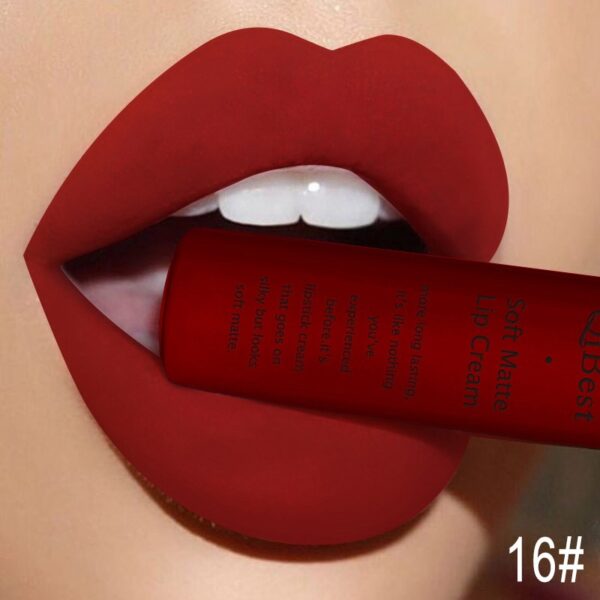 Batom líquido fosco QIBEST, impermeável, duradouro, veludo mate, vermelho nu, brilho labial, tubo de fiapos, maquiagem. - Image 6