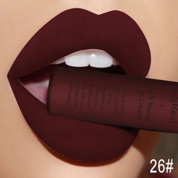 Batom líquido fosco QIBEST, impermeável, duradouro, veludo mate, vermelho nu, brilho labial, tubo de fiapos, maquiagem. - Image 20