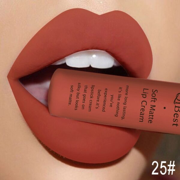 Batom líquido fosco QIBEST, impermeável, duradouro, veludo mate, vermelho nu, brilho labial, tubo de fiapos, maquiagem. - Image 15