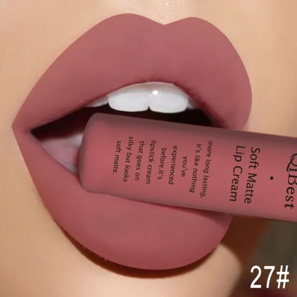 Batom líquido fosco QIBEST, impermeável, duradouro, veludo mate, vermelho nu, brilho labial, tubo de fiapos, maquiagem. - Image 11