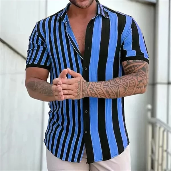 Camiseta de manga curta com gola virada para baixo masculina, camisetas estampadas com listras, tops casuais de botões, roupas masculinas, moda verão, nova - Image 15