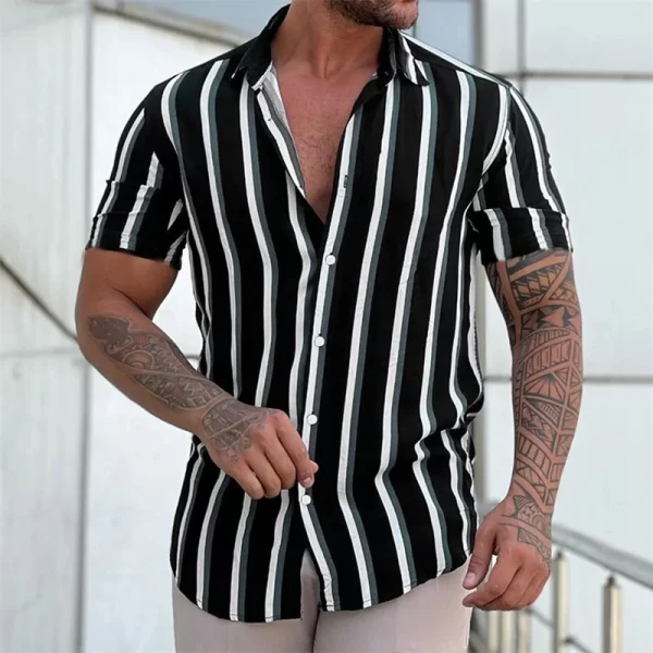 Camiseta de manga curta com gola virada para baixo masculina, camisetas estampadas com listras, tops casuais de botões, roupas masculinas, moda verão, nova - Image 3