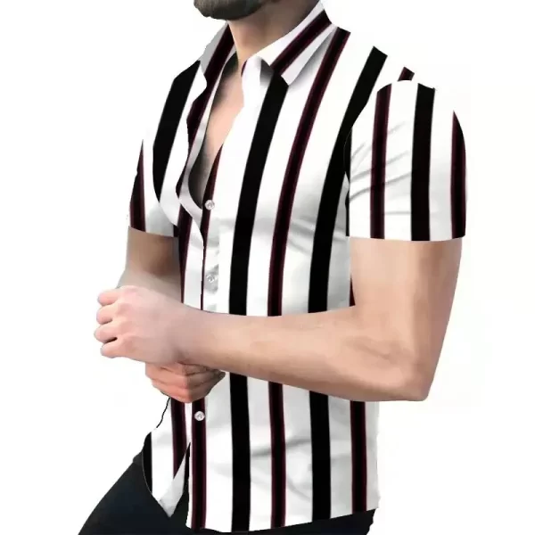 Camiseta de manga curta com gola virada para baixo masculina, camisetas estampadas com listras, tops casuais de botões, roupas masculinas, moda verão, nova - Image 13