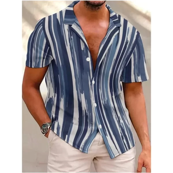 Camiseta de manga curta com gola virada para baixo masculina, camisetas estampadas com listras, tops casuais de botões, roupas masculinas, moda verão, nova - Image 5