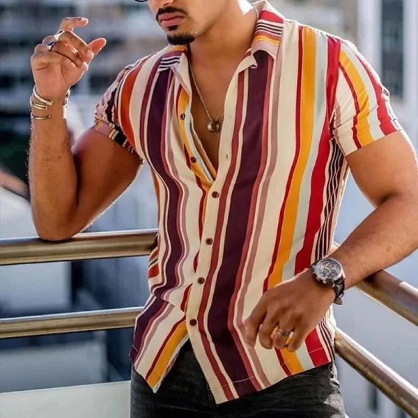 Camiseta de manga curta com gola virada para baixo masculina, camisetas estampadas com listras, tops casuais de botões, roupas masculinas, moda verão, nova - Image 6