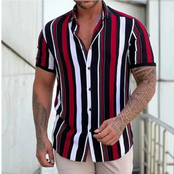 Camiseta de manga curta com gola virada para baixo masculina, camisetas estampadas com listras, tops casuais de botões, roupas masculinas, moda verão, nova