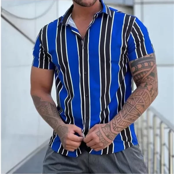 Camiseta de manga curta com gola virada para baixo masculina, camisetas estampadas com listras, tops casuais de botões, roupas masculinas, moda verão, nova - Image 8