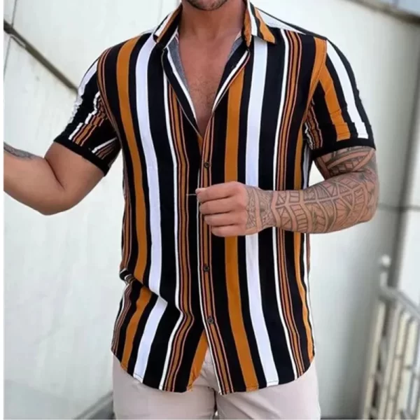 Camiseta de manga curta com gola virada para baixo masculina, camisetas estampadas com listras, tops casuais de botões, roupas masculinas, moda verão, nova - Image 7
