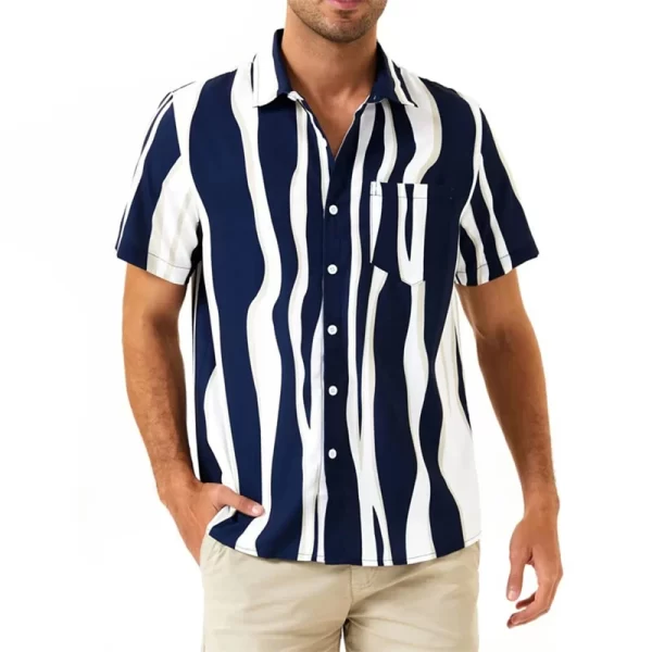 Camiseta de manga curta com gola virada para baixo masculina, camisetas estampadas com listras, tops casuais de botões, roupas masculinas, moda verão, nova - Image 11