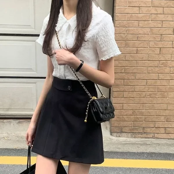 Camisas feminina, Lucyever Folds Cropped, estilo Preppy Lovely Retro Basic Short Sleeve Shirt, Verão Ins Chic Wlid Ulzzang Blusa - Image 5