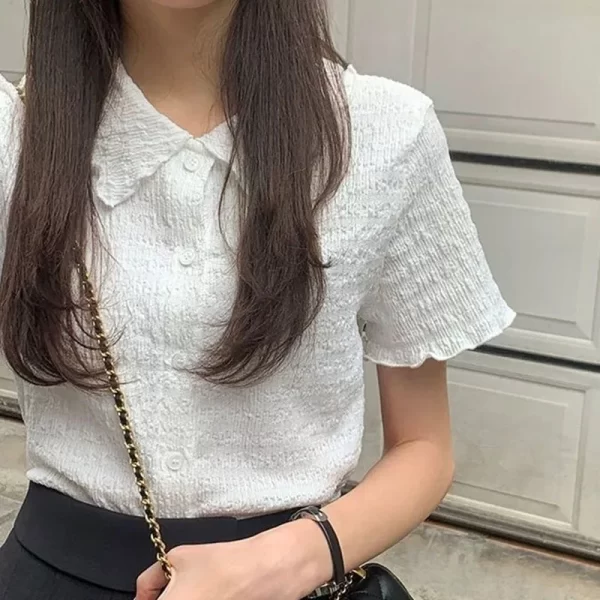 Camisas feminina, Lucyever Folds Cropped, estilo Preppy Lovely Retro Basic Short Sleeve Shirt, Verão Ins Chic Wlid Ulzzang Blusa - Image 7