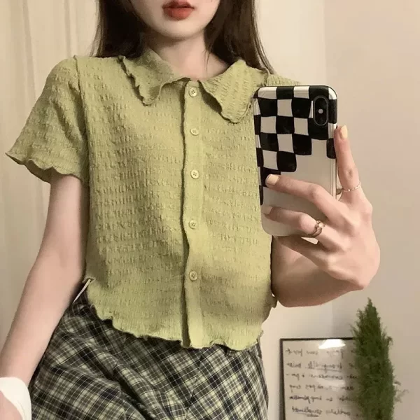 Camisas feminina, Lucyever Folds Cropped, estilo Preppy Lovely Retro Basic Short Sleeve Shirt, Verão Ins Chic Wlid Ulzzang Blusa - Image 3