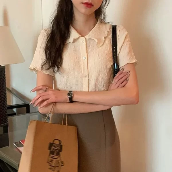 Camisas feminina, Lucyever Folds Cropped, estilo Preppy Lovely Retro Basic Short Sleeve Shirt, Verão Ins Chic Wlid Ulzzang Blusa - Image 2