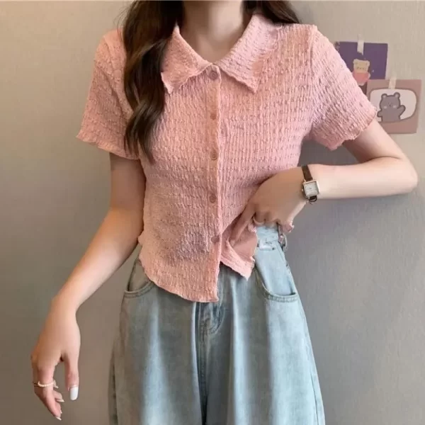 Camisas feminina, Lucyever Folds Cropped, estilo Preppy Lovely Retro Basic Short Sleeve Shirt, Verão Ins Chic Wlid Ulzzang Blusa - Image 4