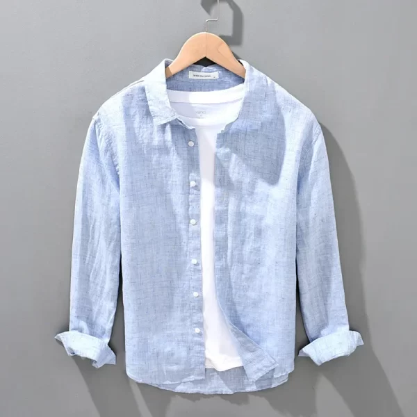 Camisa masculina, manga longa,  de linho respirável, Top, encaixe solto, Roupa extragrande, coreano sazonal. - Image 6