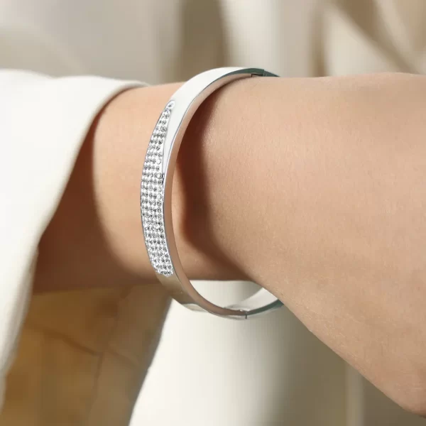 Pulseira de aço inoxidável redonda de luxo feminina, pulseira de cristal banhado a ouro, presente namorada. - Image 2