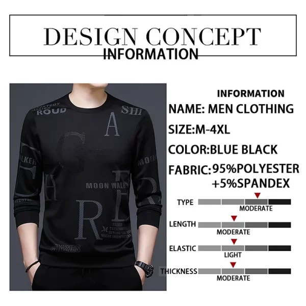 Camiseta manga longa masculina, BROWON Primavera Outono, Preto, O-pescoço Collar Moda Tendência Carta Impressão Slim T-shirt Street Wear. - Image 3