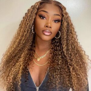 Peruca Cabelo remy sem cola com elástico para mulheres, Jerry Curly Lace Frontal Wigs, cabelo humano brasileiro, peruca de fechamento 4x4, P4/27 Highlight