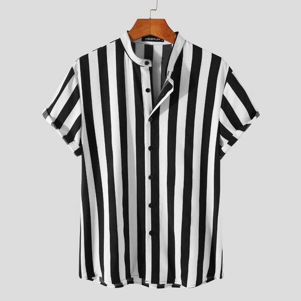 Camisa manga curta INCERUN-botões elegante masculina, gola alta, tops casuais, moda listrada, verão, 5XL, 7 - Image 2