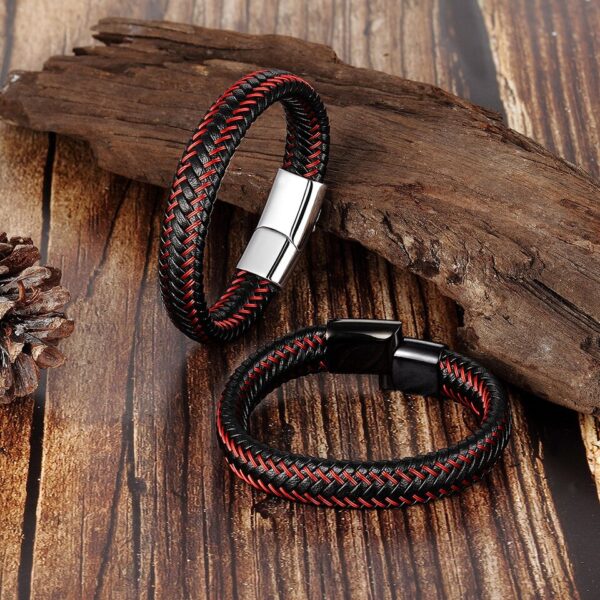 Pulseira de corda trançada, Aço inoxidável couro, jóias vermelhas masculinas - Image 4
