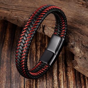 Pulseira de corda trançada, Aço inoxidável couro, jóias vermelhas masculinas