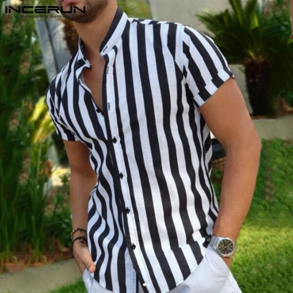 Camisa manga curta INCERUN-botões elegante masculina, gola alta, tops casuais, moda listrada, verão, 5XL, 7