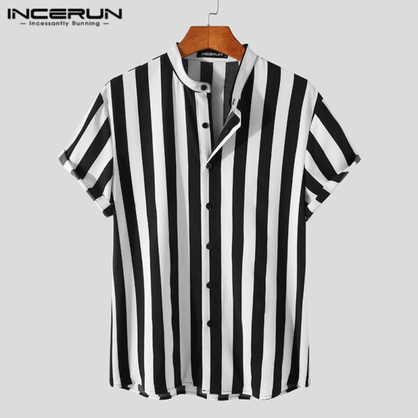 Camisa manga curta INCERUN-botões elegante masculina, gola alta, tops casuais, moda listrada, verão, 5XL, 7 - Image 6