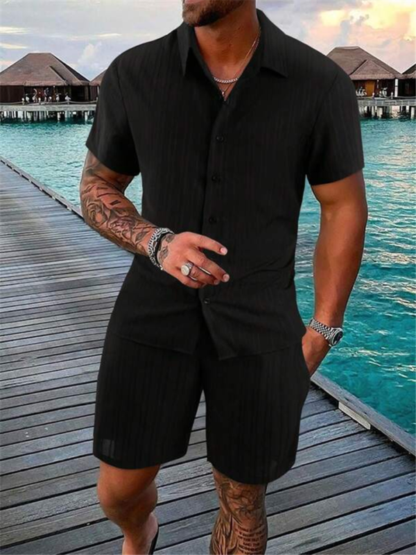 Conjunto Camisa/shorts masculina de botão manga curta de algodão e linho, cor sólida, shorts confortáveis, verão