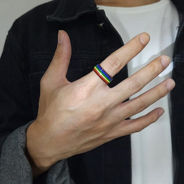 Anel de aço inoxidável LGBTQ, anel de bandeira de arco-íris gay / lésbica - Image 3