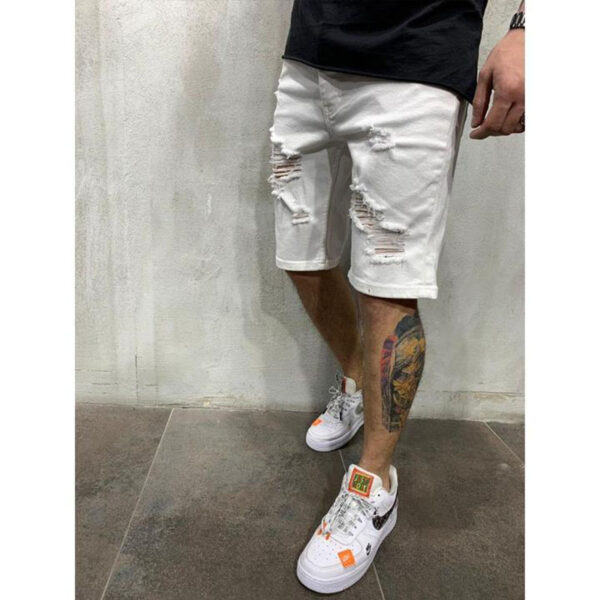 Bermuda Jeans Rasgado, Verão, Rasgado, Homens Denim Calças Stretch Branco Moda Jeans Streetwear. - Image 6