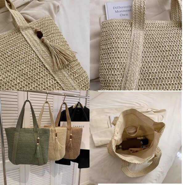 Bolsa feminina Saco trançado de palha Mão, tecido Simples, Holiday Beach Shoulder Bag Tendência Casual Grande - Image 4