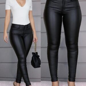Calça feminina PU couro de cintura alta lápis, Sexy Stretch Bodycon, Casual, compridas, plus size S-3XL