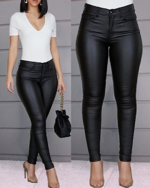 Calça feminina PU couro de cintura alta lápis, Sexy Stretch Bodycon, Casual, compridas, plus size S-3XL