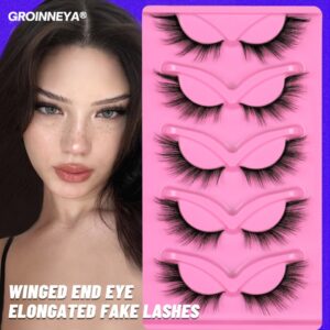Cílios Curtos GROINNEYA  3D Mink Lashes Extensão, Postiços, Final, Alongada, Cat Eye, 5 Pares