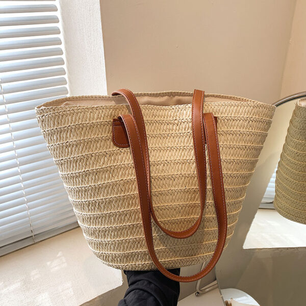 Bolsa de ombro de palha grande feminina, cesta trançada com alça superior, portátil - Image 7