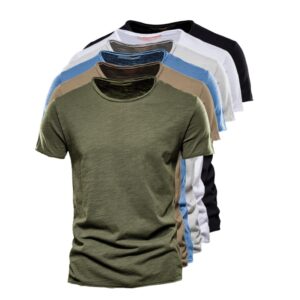 Camiseta monocromática com decote em O masculina, camiseta clássica, 100% algodão, alta qualidade, verão