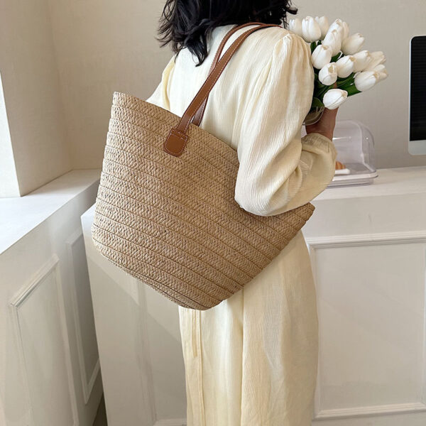 Bolsa de ombro de palha grande feminina, cesta trançada com alça superior, portátil - Image 2