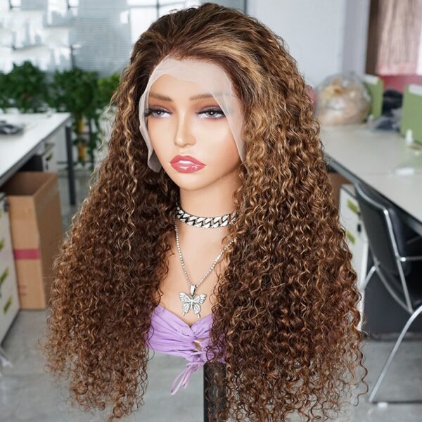 Peruca Cabelo remy sem cola com elástico para mulheres, Jerry Curly Lace Frontal Wigs, cabelo humano brasileiro, peruca de fechamento 4x4, P4/27 Highlight - Image 2