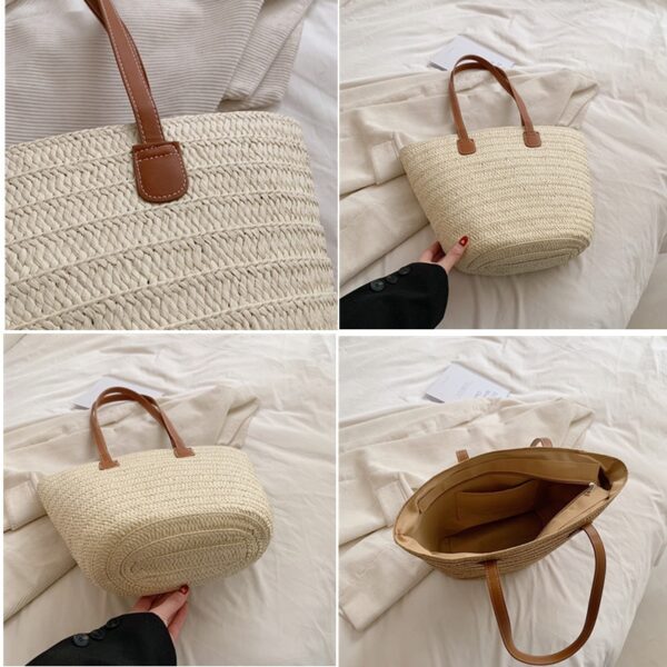 Bolsa de ombro de palha grande feminina, cesta trançada com alça superior, portátil - Image 6