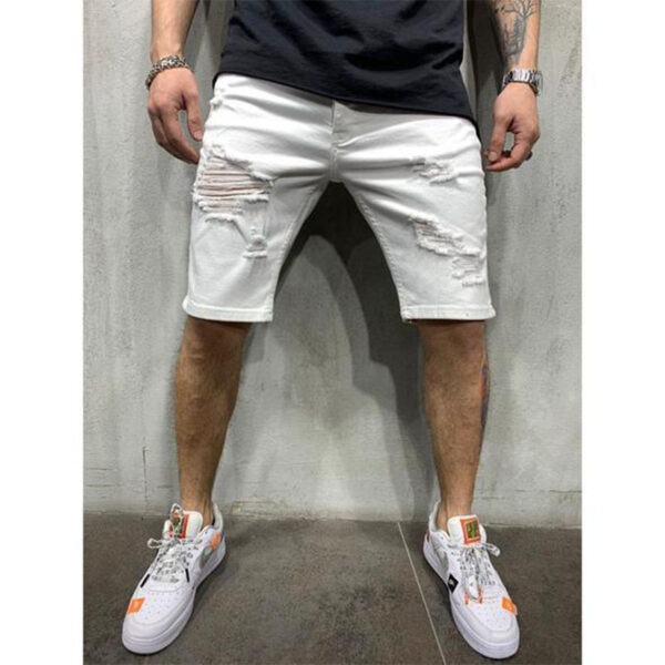 Bermuda Jeans Rasgado, Verão, Rasgado, Homens Denim Calças Stretch Branco Moda Jeans Streetwear. - Image 5