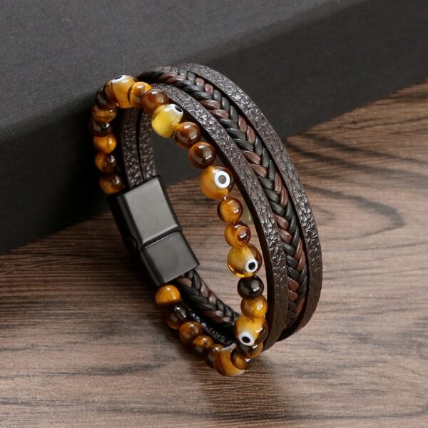 Pulseira alta qualidade couro, Classic Fashion Tiger Eye Beaded Multi Layer Leather Bracelet For Men - Image 21