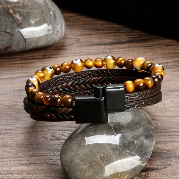 Pulseira alta qualidade couro, Classic Fashion Tiger Eye Beaded Multi Layer Leather Bracelet For Men - Image 18