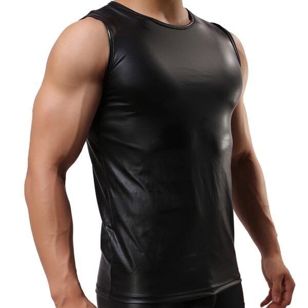 Camisetas de couro de patente macia sexy homens, estiramento da bainha das partes superiores sem mangas, de couro do plutônio - Image 2