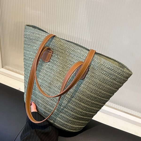 Bolsa de ombro de palha grande feminina, cesta trançada com alça superior, portátil - Image 5