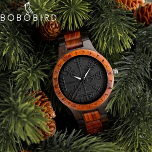 Relógios de quartzo BOBO PARS com pulseira de madeira para homens, viking, odin, runa, cultural, totem dail