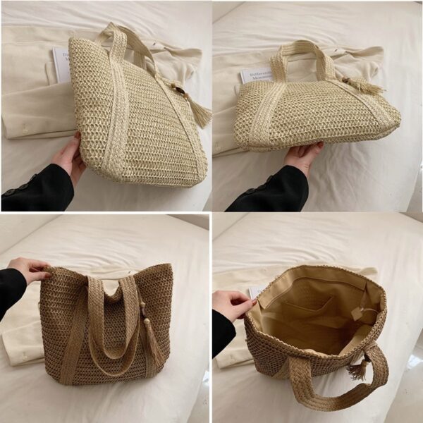 Bolsa feminina Saco trançado de palha Mão, tecido Simples, Holiday Beach Shoulder Bag Tendência Casual Grande - Image 3