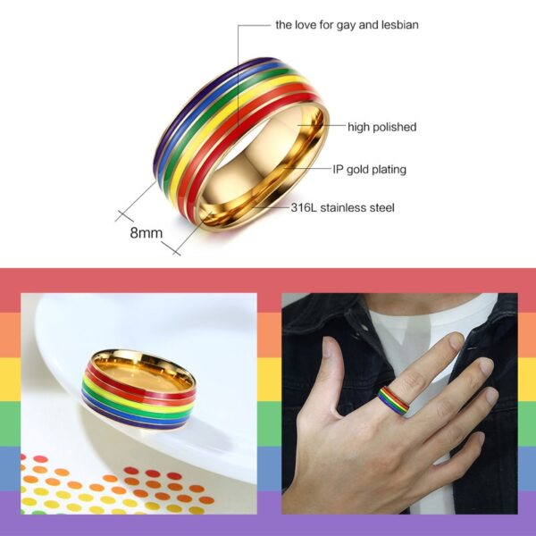 Anel de aço inoxidável LGBTQ, anel de bandeira de arco-íris gay / lésbica - Image 8