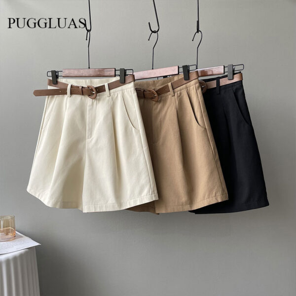 Shorts de pernas largas feminino com cinto, cintura alta, bege, grande, solto, botão, monocromático, clássico, casual, verão