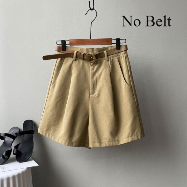 Shorts de pernas largas feminino com cinto, cintura alta, bege, grande, solto, botão, monocromático, clássico, casual, verão - Image 3