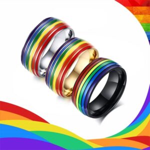 Anel de aço inoxidável LGBTQ, anel de bandeira de arco-íris gay / lésbica